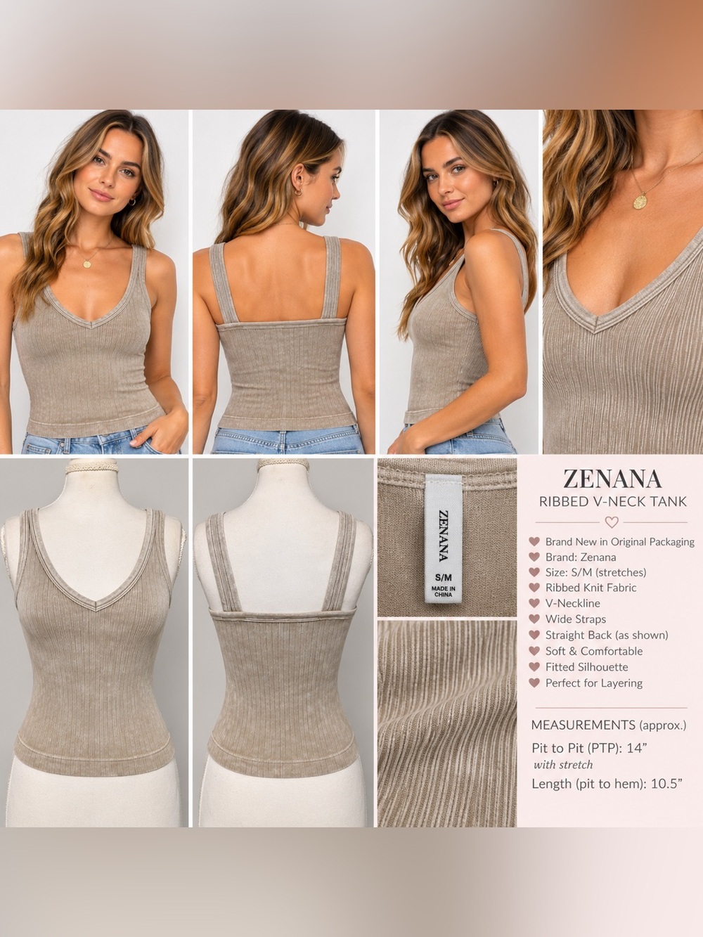 Zenana S/M Washed Ribbed V-Neck Tank Top Taupe Stretch Fitted